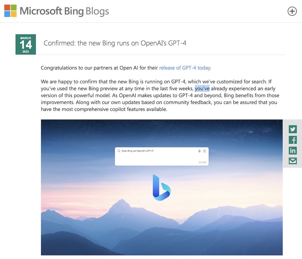 Microsoft、「新しいBing」のAIエンジンがGPT-4ベースと発表
