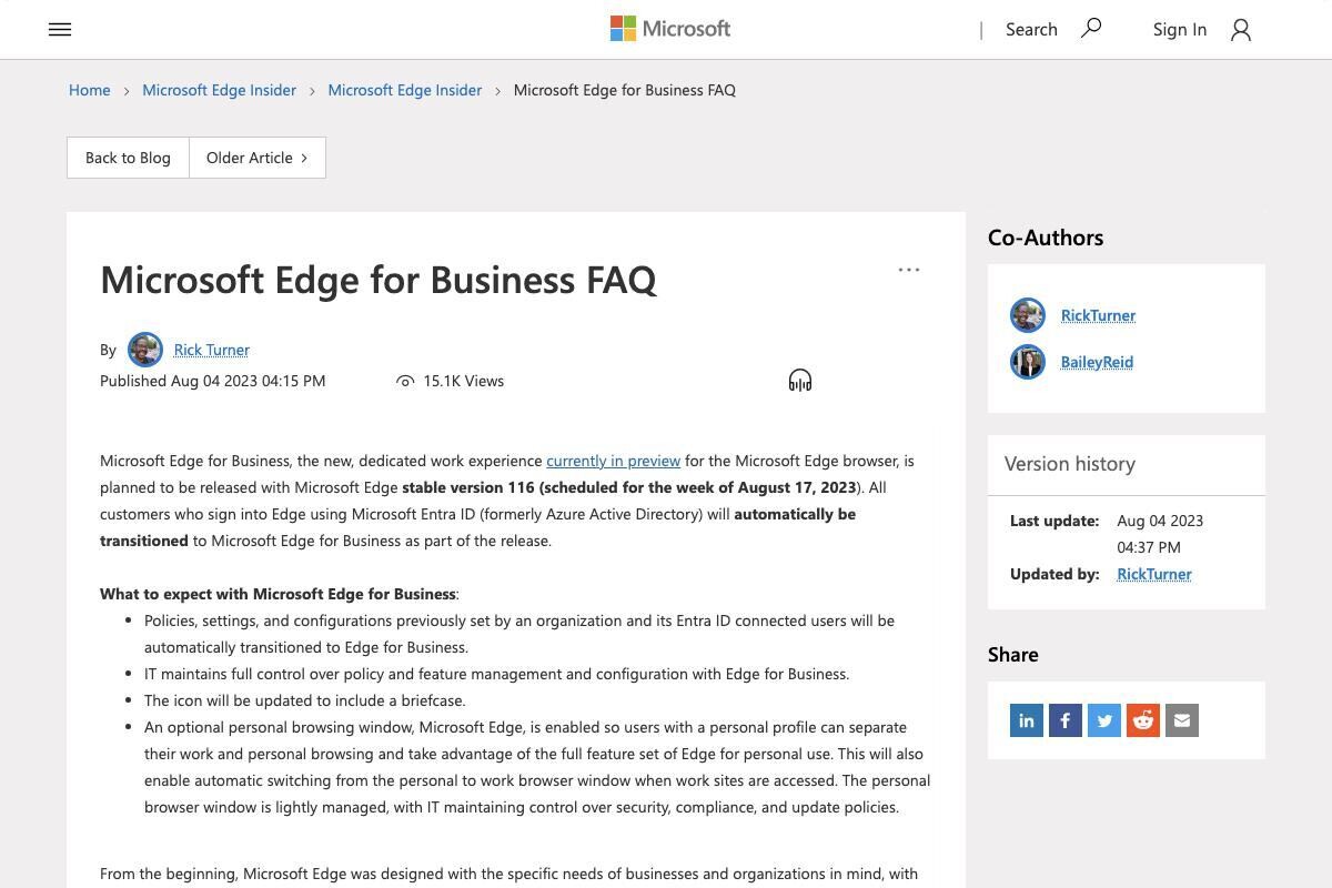 Microsoft、「Microsoft Edge for Business」のよくある質問をFAQで発表
