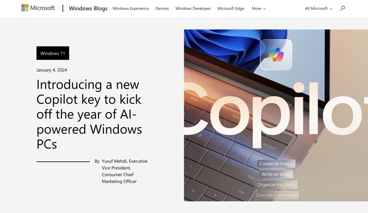 Microsoft、Windows PCのキーボードにCopilotキーを搭載へ