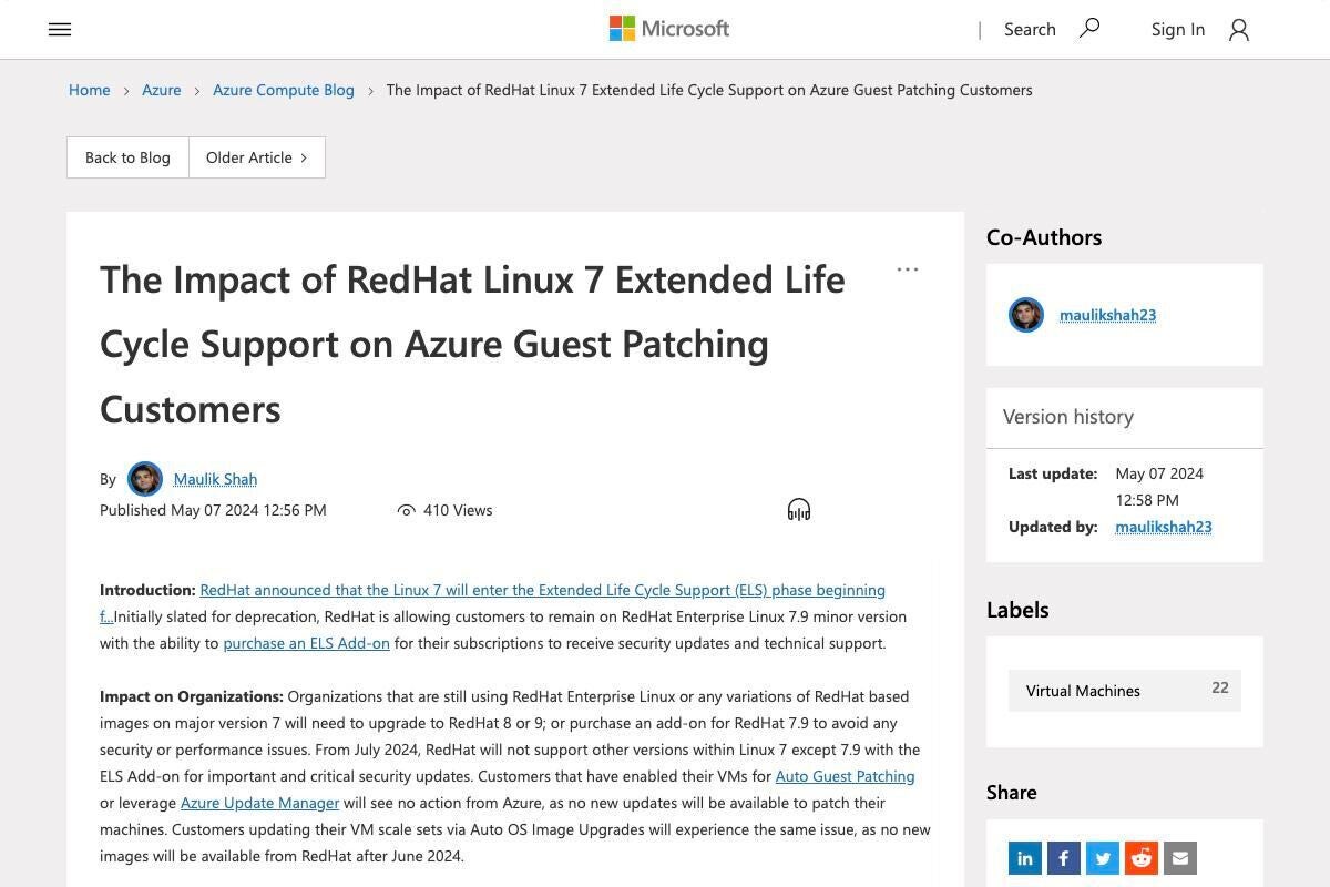 Microsoft、AzureにおけるRedHat Enterprise Linux 7 ELSサポートの影響発表